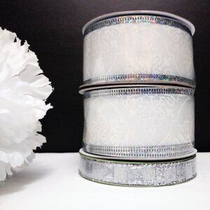 Gift Ribbon Glittery Silver & White